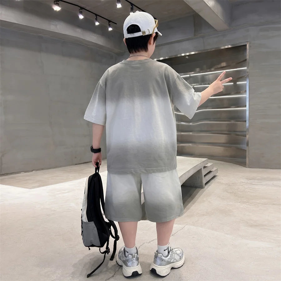Kids Summer Set Loose Gradient Clothes for Boys Casual Suit Top and Bottom Clothes Set Child Cotton T-shirt + Shorts Tracksuit
