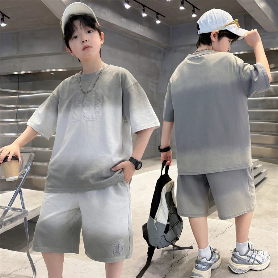 Kids Summer Set Loose Gradient Clothes for Boys Casual Suit Top and Bottom Clothes Set Child Cotton T-shirt + Shorts Tracksuit
