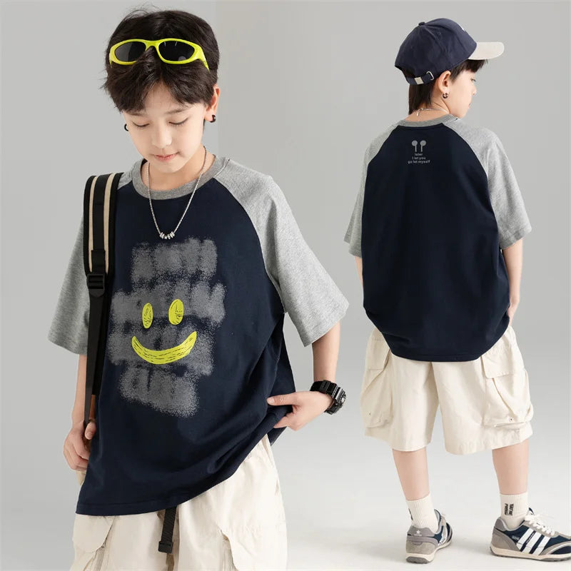 Summer Kids T-shirt For Boys Tops Clothes Fashion Korea Patchwork Cartoon Cotton Printing Tees 7 8 9 10 11 12 13 14 15 Years Old