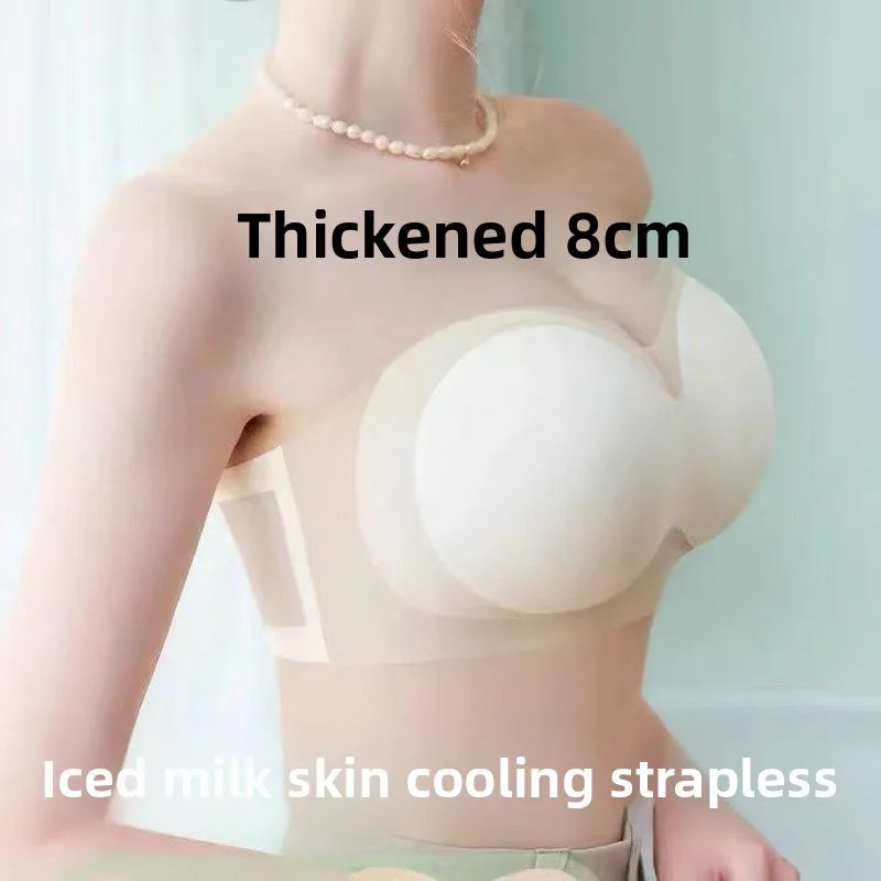Women Strapless Push Up Bra 8cm Padded Ice Silk Invisible Non-Slip Lift Backless A/B Cup