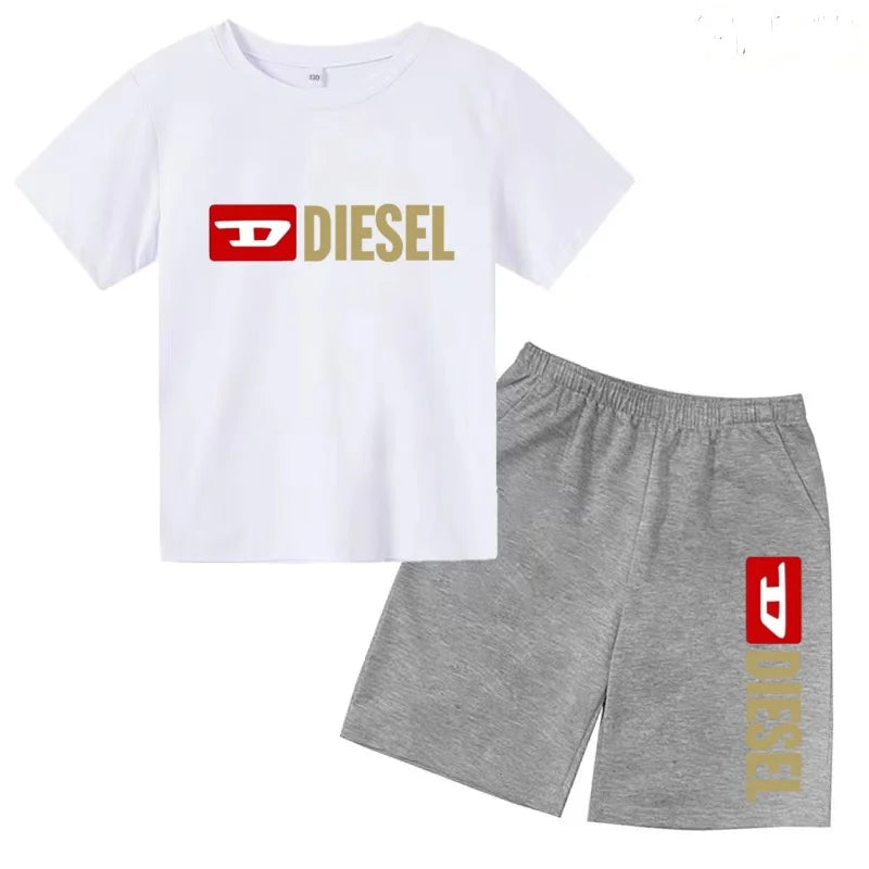 Kids Summer Sky Blue T-shirt Fashion Letters Top+Shorts Boy Girl Coat 3-12Years Sports Short-sleeved Clothing Jogging Casual Set