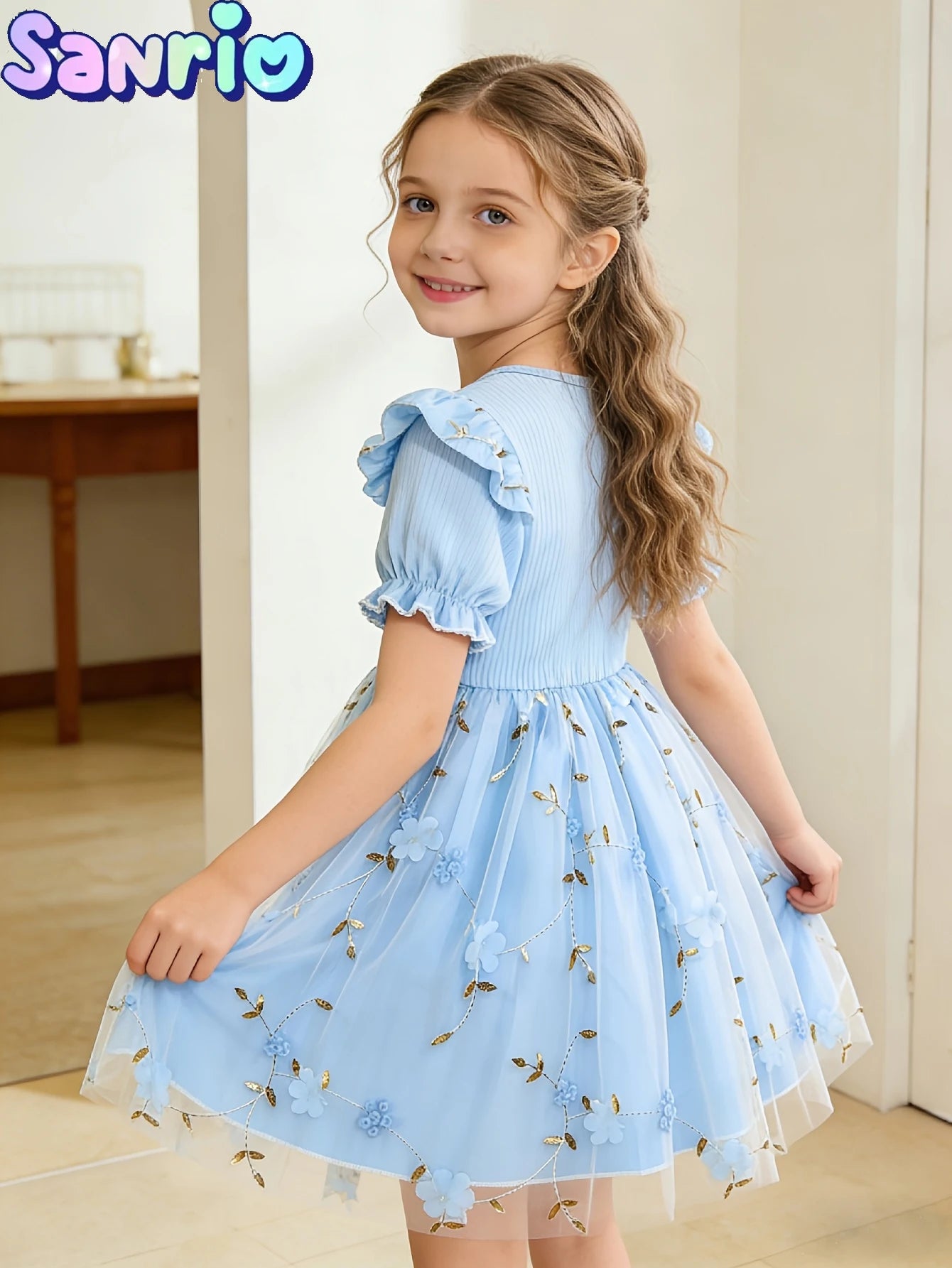 New Summer Hello Kitty Kids Dress, Girls' Puff Sleeve Floral Tulle Skirt