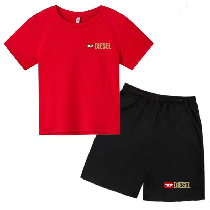Kids Summer Sky Blue T-shirt Fashion Letters Top+Shorts Boy Girl Coat 3-12Years Sports Short-sleeved Clothing Jogging Casual Set